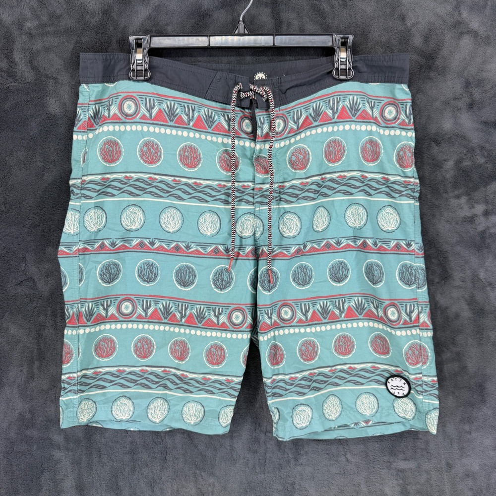 Katin USA Mens Teal Desert Print‎ Board Shorts Surf Trunks Size 36 Tribal Cacti